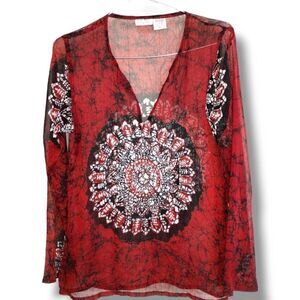 Funky People Top Sz Medium Red Black Chiffon Vneck Hippie Cottagecore Bohemian‎